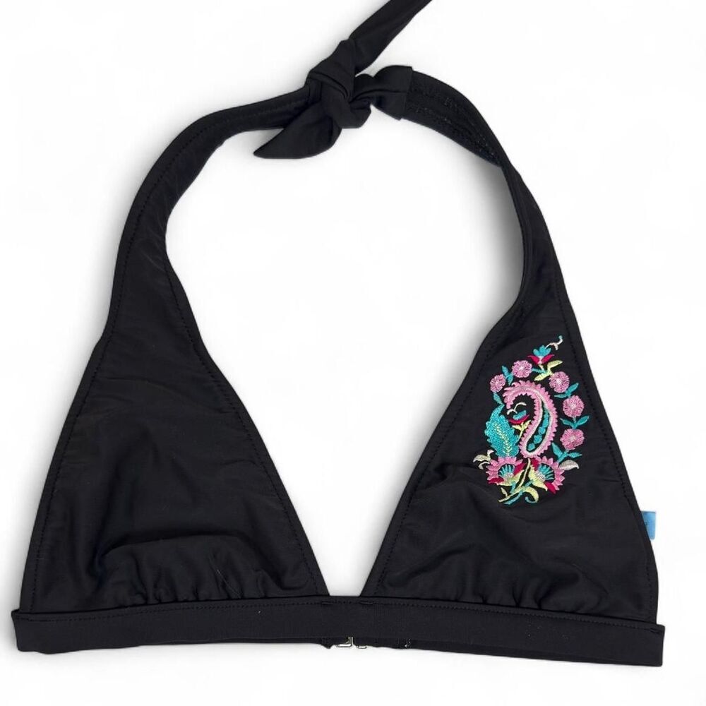 Ocean Avenue Black Triangle Bikini Top Floral Paisley Embroidered Boho Size S